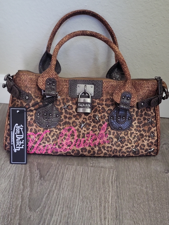 Von Dutch Handbags - Von Dutch Brown Leopard Satchel with Pink Logo